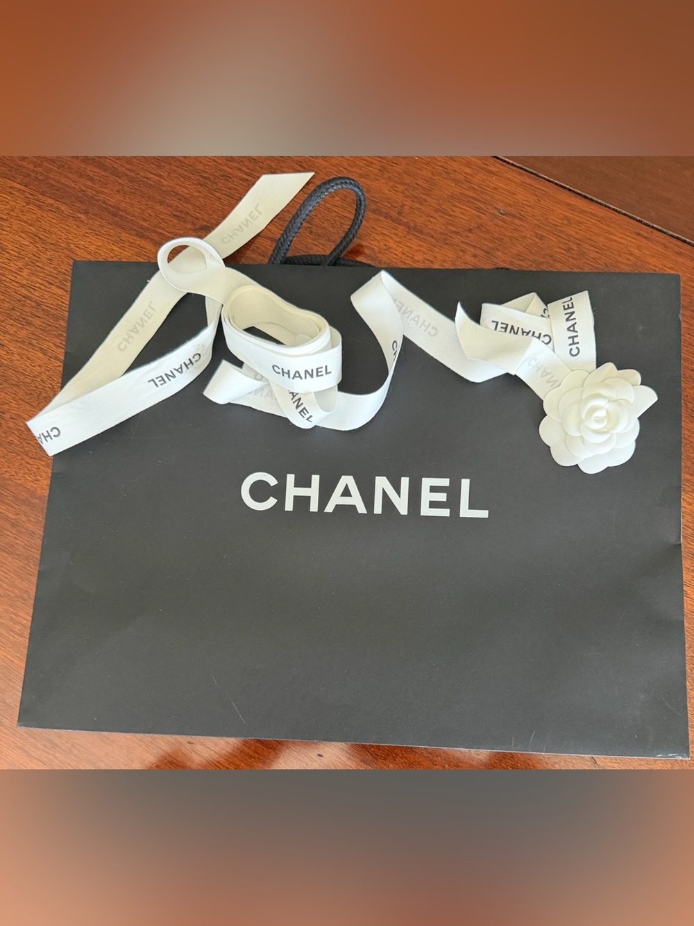 CHANEL large Black Shopping Bag with White Logo Camelia and Chanel ribbon